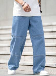 Manfinity EMRG Plus Size Men's Casual Letter Print Straight Leg Jeans - Light Wash - View 4