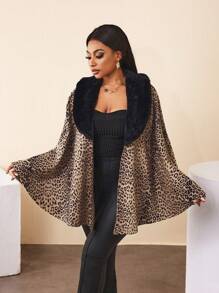 Zolique Women Regular Leopard Print Patchwork With Furry Collar Cape Outerwear Fall Cloth For Women - Multicolor - View 1