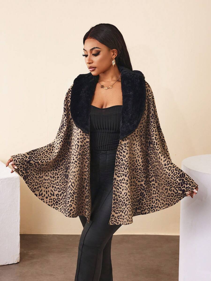 Zolique Women Regular Leopard Print Patchwork With Furry Collar Cape Outerwear Fall Cloth For Women - Multicolor - View 1