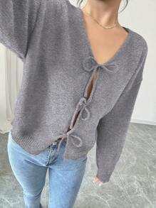 Rafferiza Áo len cardigan dệt kim khoét lỗ buộc dây cho nữ, giản dị và thời trang để mặc hàng ngày - Màu Xám nhạt - Xem 6