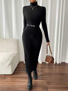 Chiquease 欧美时尚休闲日常百搭高领保暖修身长袖黑色紧身中长连衣裙，女款，秋冬 - 黑色 - 查看 4