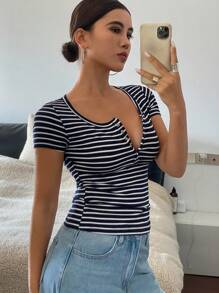 DAZY Women Stripe Print Fitted Half-Zip Short Sleeve T-Shirt