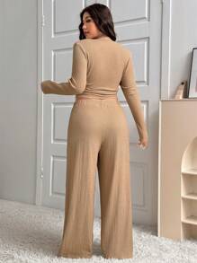 SHEIN EZwear Bộ 2 món áo dệt kim họa tiết cỡ lớn và quần rút dây - Cà phê nâu - Xem 2