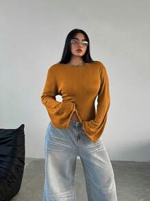 Flirla Suéter de manga acampanada de unicolor talla grande, versátil y sexy