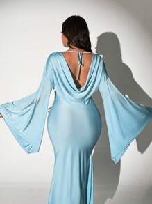 Viva Relle Plus Size Women Solid Ruffle Collar Flare Sleeve Fitted Elegant Dress - Blue - View 6