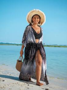 Plus Size Floral Print Long Kimono Cardigan, Minimalist Fashion Casual Everyday Wear Summer - Black - View 2