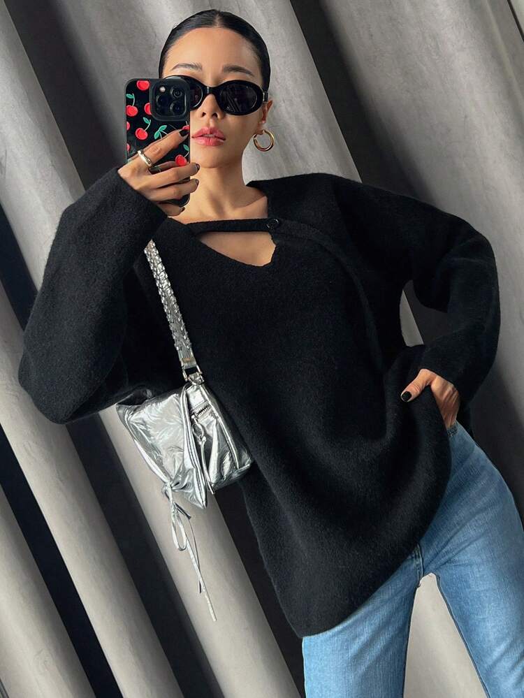 Women Casual Solid Color Hollow Out Knitted Sweater, For Autumn/Winter,Fall Women Clothes
