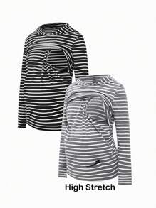 SHEIN Maternity 2pcs Women Fitted Striped Hooded Long Sleeve Tops, Nursing