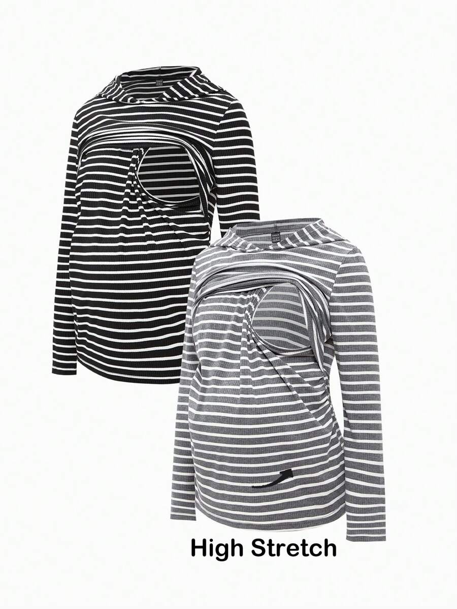 SHEIN Maternity 2pcs Women Fitted Striped Hooded Long Sleeve Tops, Nursing