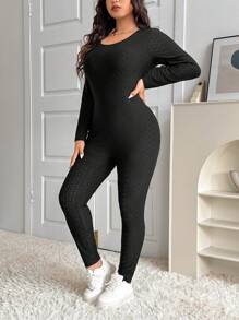 SHEIN EZwear 大码女式纯色镂空刺绣修身连体裤，休闲，秋季 - 黑色 - 查看 3