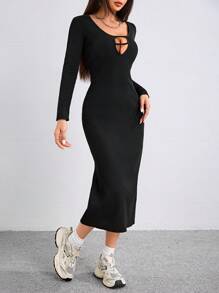 SHEIN Unity Vestido de Tricô Slim Casual de Manga Longa com Recorte Vazado de Cor Sólida, para Outono e Inverno - Preto - Visão 4