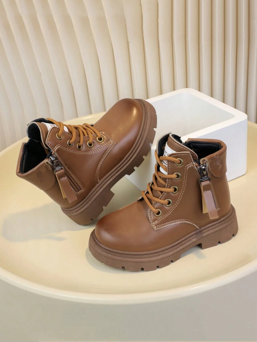 新款秋季女童皮靴，中大码童靴，英伦风踝靴，厚底男童机车靴，女童皮靴 - 棕色 - 查看 1