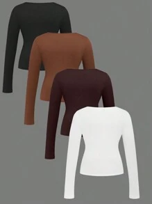 SHEIN LUNE Set de 4 camisetas de manga larga con cuello redondo, uso casual y de moda para el día a día - Multicolor - Ver 2