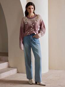 Anewsta Suéter moderno de mujer con pesadas lentejuelas y patrón de flores aleatorio para ropa de Año Nuevo