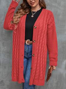 Franclia Plus Size Women's Solid Color Drop Shoulder Long Sleeve Single-Breasted Casual Loose Cardigan, Autumn/Winter