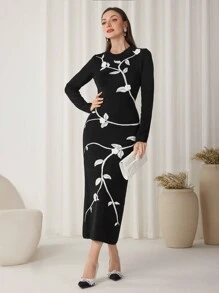 Modelyn 女士手工钩编长袖连衣裙，秋冬 - 黑色 - 查看 4