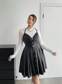 Flirla 时尚派对性感 PU 皮革露背吊带修身迷你连衣裙，配金色纽扣 - 黑色 - 查看 8