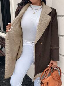 SHEIN LUNE Plus Size Women Casual Composite Coat Thermal Lined Solid Color Simple Fashion Everyday Wear, Suitable For Winter New Years Winter Clothes Women Raves Thanksgiving Women - Coffee Brown - View 7