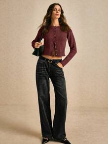 Poéselle 秋冬女士圆领长袖单排扣休闲短款羊毛针织厚开衫、短款套头衫、可爱套头衫、秋季女装、外出上衣、商务休闲女士、秋季毛衣、办公室装、基本款毛衣 - 酒紅色 - 查看 6