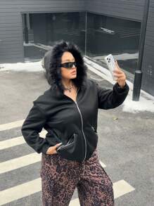 Flirla Plus Size Women Fluffy Trim Sweatshirt Jacket With Pockets And Zipper, For Winter - Black - View 6