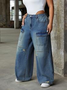 SHEIN ICON Plus Size Casual Denim Jeans, Simple & Fashionable For Everyday Wear - Blue - View 3