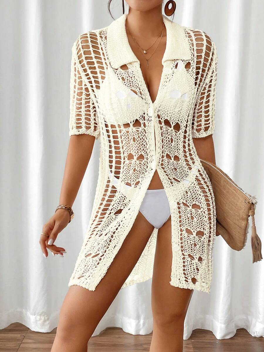 SHEIN Swim Kimono cubrecuerpo para mujer con cuello de polo y calado, ideal para el verano - Beis - Ver 1