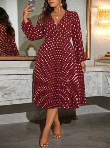 SHEIN Clasi 大码 V 领简约休闲连衣裙，百搭日常穿着酒红色长款女装 - 酒紅色 - 查看 5