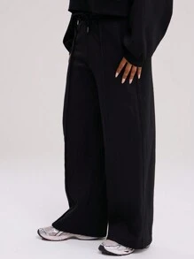 MUSERA Pin-Tuck Detail Wide Leg Sweatpants Vacation Airport Casual Winter - Black - View 3