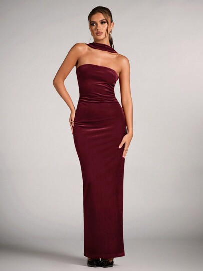 SHEIN BAE Gorgeous And Elegant Velvet Party Banquet Gathering Red Tube TopHalter Long Red Dress,Red Dresschristmas Women Clothes,Elegant Dress Wedding,Halloween Women Outfits,Greek Goddess Dress,Holiday Dress,Christmas Party Dress