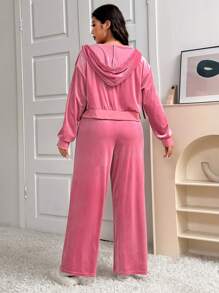 CovetEZ Bộ 2 món áo trùm đầu nhung thường ngày cỡ lớn mùa thu và quần dài - Hồng - Xem 2