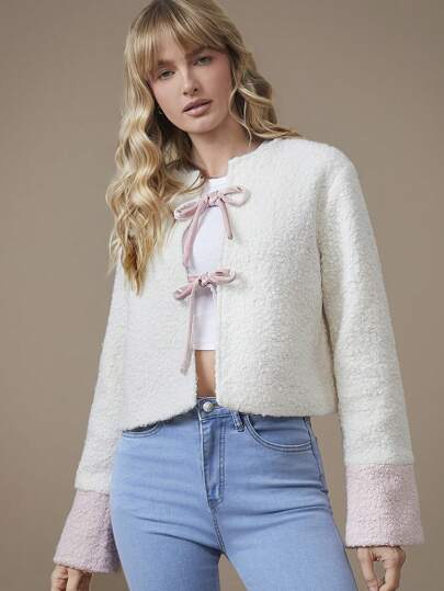 WESTFADE 西部双色拼色羊羔绒泰迪前领结长袖夹克