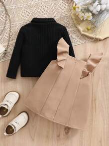 SHEIN 2pcs/Set Khaki Baby Girls Knitted Long Sleeve Top And Pinafore Dress Set, Autumn/Winter - Multicolor - View 6