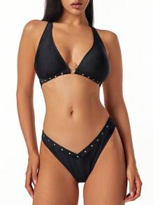 ROMWE Goth Women Sexy Solid Color Mesh Contrast Bikini Set Summer - Black - View 1