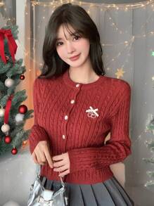 DAZY Textured Cable Knit Embroidery Letter Cardigan Sweater, Christmas Wear For Women ,Holiday