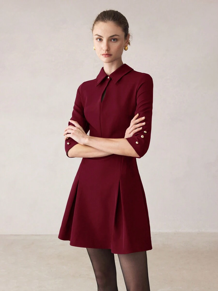 BizChic Váy đi làm thanh lịch màu trơn cho nữ, váy mùa thu cho nữ, cài nút phía trước - Màu Đỏ Sâu - Xem 1
