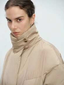 SHEIN Clasi Abrigo acolchado con cierre doble botonadura de unicolor informal de invierno - Caqui - Ver 6