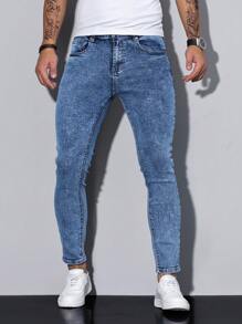 Manfinity Homme Men's Casual Washed Slim Fit 7/8 Length Denim Jeans - Medium Wash - View 7