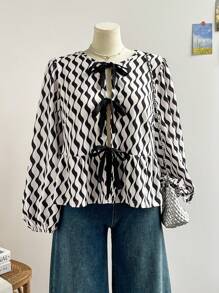 Soleia Plus Size Women's Black And White Geometric Wavy Print Round Neck Top,Front Tie Bow Lantern Sleeve Ruffle Hem Casual Top,Elegant Autumn Tea Party Top - Multicolor - View 7