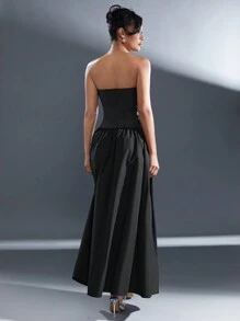 Hauture Vestido de caída de cintura de piel sintética tejida y plisada sin tirantes para otoño y Navidad - Negro - Ver 5