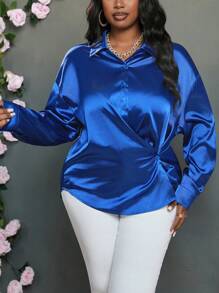 Slaydiva Plus Size Women's Casual Solid Color Single-Breasted Shirt, Autumn - Blue - View 7