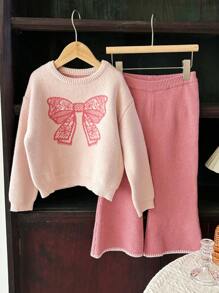 Dazy Kids 年轻女孩圆领蝴蝶结图案针织毛衣套装，秋季服装