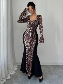 Chiquease Robe longue pour femme à imprimé léopard, décolleté en V, volants, manches évasées, nœud papillon et ourlet sirène. Tenue maxi pour femme, adaptée à l'automne et au printemps