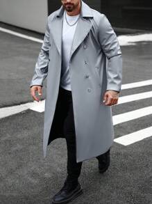 Manfinity Homme 男士纯色罗纹领长袖 PU 皮革休闲长款风衣，秋季，皮革冬季男士夹克 - 灰色 - 查看 3