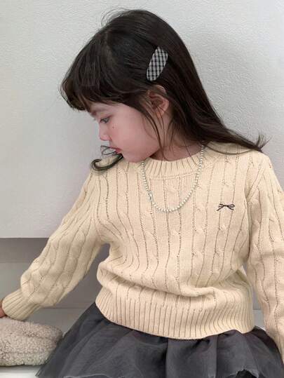 Dazy Kids Young Girl Bow Pattern Round Neck Long Sleeve Casual Sweater, Autumn/Winter