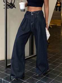 Women Casual Folded Fringed Wide Leg Jeans - Dark Wash - View 6