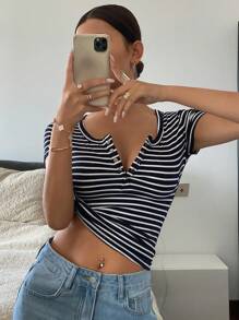 DAZY Women Stripe Print Fitted Half-Zip Short Sleeve T-Shirt