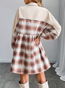 SHEIN LUNE Women's Long Sleeve Collared Pocket Pleated Waist Plaid Ruffle Trim Multi-Color Jacket