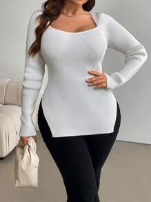 SHEIN Essnce 大码休闲纯色长袖侧开衩毛衣，秋季，冬季 - 白色 - 查看 5