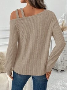 SHEIN LUNE 女式不对称肩部装饰纹理面料 T 恤，休闲通勤优雅户外和家居服舒适保暖内衣，秋冬 - 杏色 - 查看 2