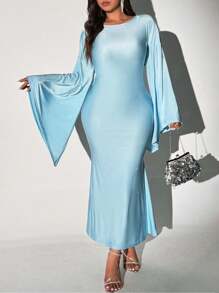 Viva Relle Plus Size Women Solid Ruffle Collar Flare Sleeve Fitted Elegant Dress - Blue - View 5